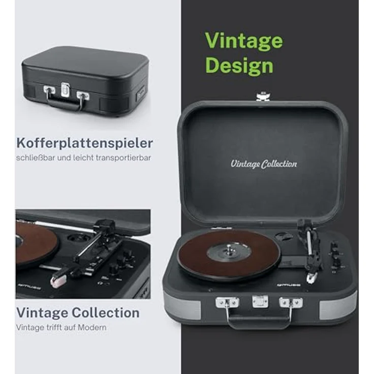 Muse MT-201 Retro Plattenspieler mit Bluetooth, eingebaute Stereo Lautsprecher und USB (RCA-Ausgang, AUX-Eingang, Kopfhöreranschluss), grau – Bild 5