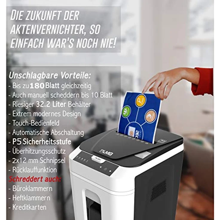 Profi Aktenvernichter P5 Autofeed- 180 Blatt gleichzeitig, Kreuzschnitt- Automatische Abschaltung, Extrem leise mit 58 dB, Touch-Bedienfeld, Riesiger 32 L Behälter, Beeindruckende Wertigkeit- DSGVO – Bild 4