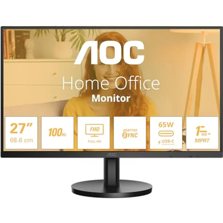 AOC 27B3CA2 - 27 Zoll Full HD Monitor, eingeb. Lautsprecher (1920x1080, 100 Hz, HDMI, USB-C (65 W Power Delivery), USB Hub) schwarz – Bild 1