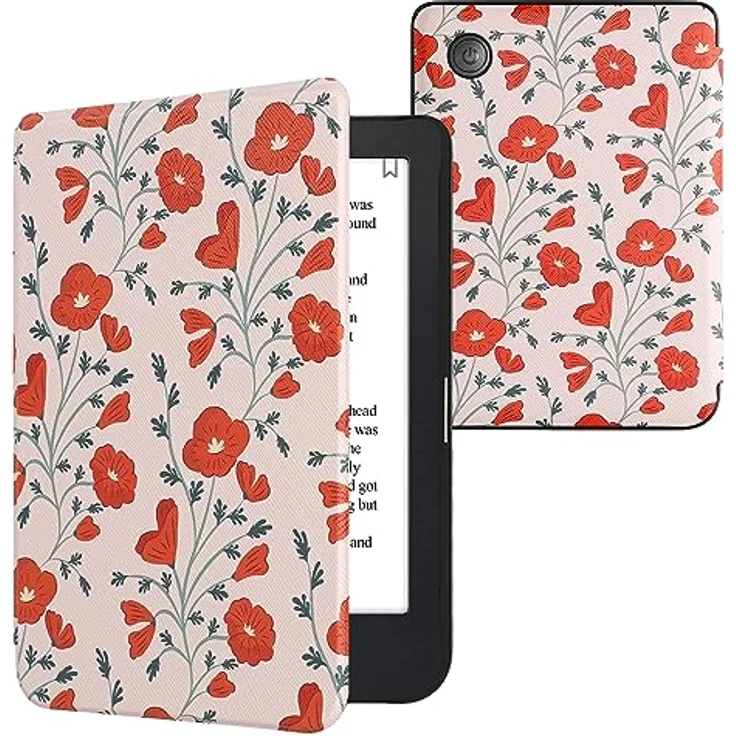 kwmobile Klapphülle kompatibel mit Kobo Clara 2E / Tolino Shine 4 Hülle - eReader Case - Mohnblumen Rot Grün Beige – Bild 1