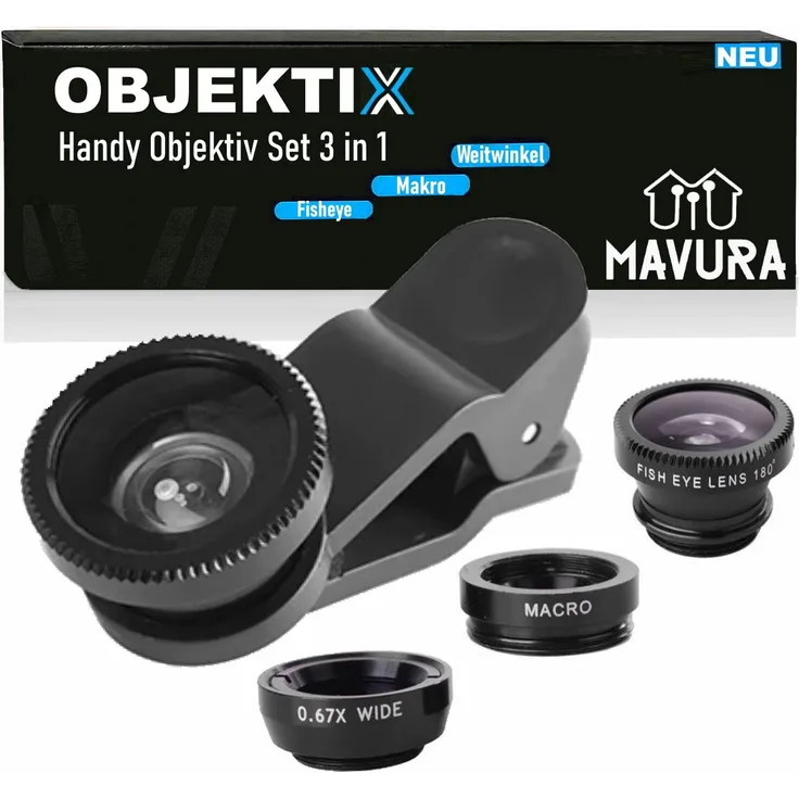 MAVURA OBJEKTIX Universal Handy Objektiv Set 3in1 Smartphone Linsen - Fisheye + Weitwinkel + Makro Kamera, schwarz - Preisvergleich