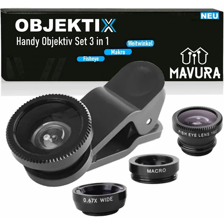 MAVURA OBJEKTIX Universal Handy Objektiv Set 3in1 Smartphone Linsen - Fisheye + Weitwinkel + Makro Kamera, schwarz - Preisvergleich – Bild 1