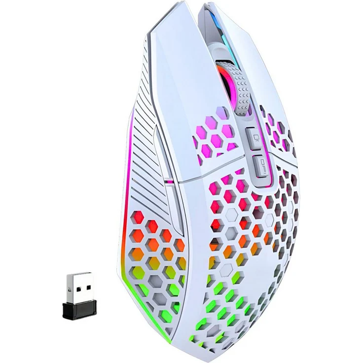 S&T Design RGB Gaming Maus Kabellos Wireless Leise Weiß Schwarz USB Gaming-Maus (Funk, 7 Tasten / Zurück zum Desktop / DPI Einstellbar / PC Laptop)