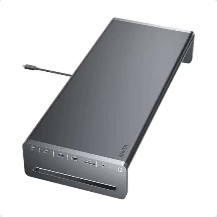 Anker USB-C Hub, 10-in-1 Aluminium-Monitorstandfuß mit 100W PD, 5Gbit/s USB-Anschlüssen und 4K@60Hz HDMI Display, integriertes 1m Kabel, silber, für MacBook, Dell und USB-C-Geräte