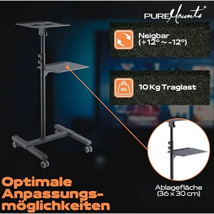 PureMounts PM-PCART-10 - Neigbarer Projektionswagen - Projektionstisch für Beamer und Projektor, flexibel einstellbar (950mm bis 1450mm), feststellbare Rollen, Tragkraft 10kg, Farbe schwarz – Bild 3