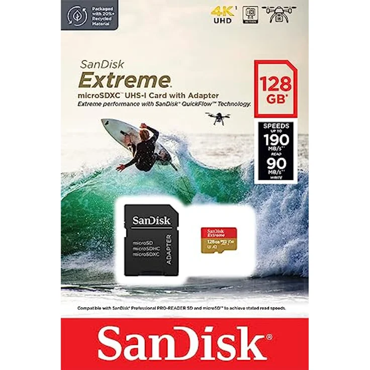 SanDisk Extreme microSDXC UHS-I Speicherkarte 128 GB für Actioncams und Drohnen + Adapter + RescuePRO Deluxe (bis zu 190 MB/s, A2, Class 10, U3, V30) – Bild 4