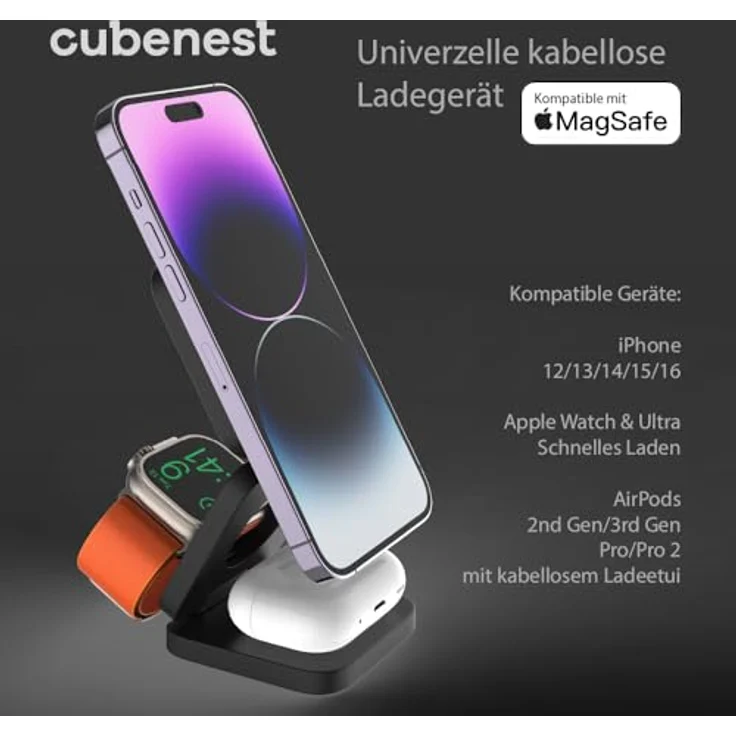 CubeNest 3in1 Faltbares Magnetisches Kabelloses Ladegerät E310 | 360° Rotation, 20W Schnellladefunktion | Kompakt – Bild 2
