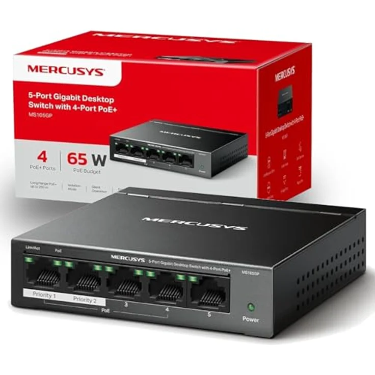 MERCUSYS MS105GP PoE Switch 5-Port Gigabit LAN Switch mit 4 PoE+ Ports (65 Watt, IEEE-802.3af/at PoE, lüfterlos, Plug-and-Play, Robustes Metallgehäuse) – Bild 1