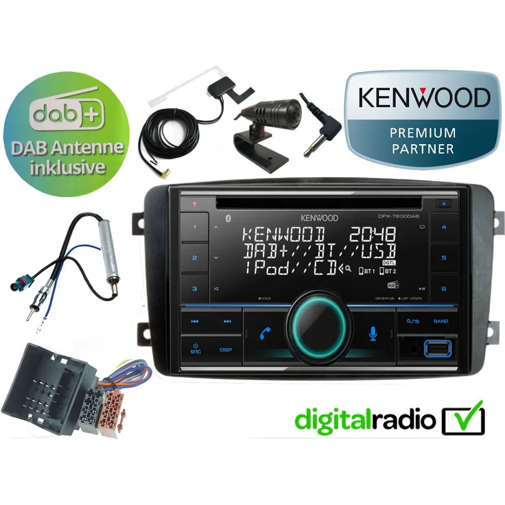 Kenwood DSX DPX7200 DAB+ Bluetooth CD Radio mit USB und Antenne für C Klasse W203 2000-2007, 13-stelliges LCD-Display, individuelle Farbbeleuchtung