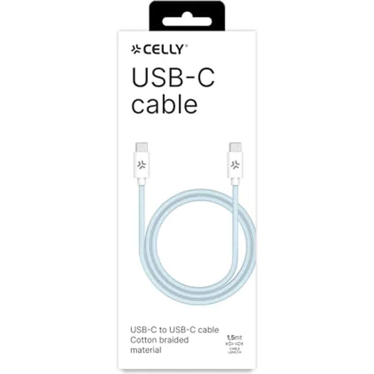 Celly USB-C > USB-C Baumwollgeflechtkabel 1,5 Meter Blau - Schnellladung bis zu 100 Watt, auch für iPhone 15 geeignet – Bild 3