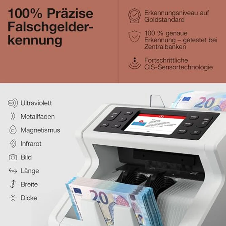 Safescan Banknotenzähler 2485-SC, Geldzählmaschine mit 100 % Falschgelderkennung, Wertzählung für bis zu 40 Währungen, Bluetooth App-Funktion, Touch-Display – Bild 5