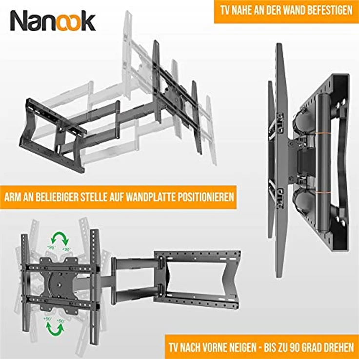 Nanook 2120 Langarm-TV-Wandhalterung für 42-75-Zoll-Fernseher, Extra langer Auszug bis zu 120 cm, Starke vollbewegliche TV-Halterung, Belastbarkeit bis 40 kg, Schwenkbar bis zu 180°, Max. VESA 400x400 – Bild 4