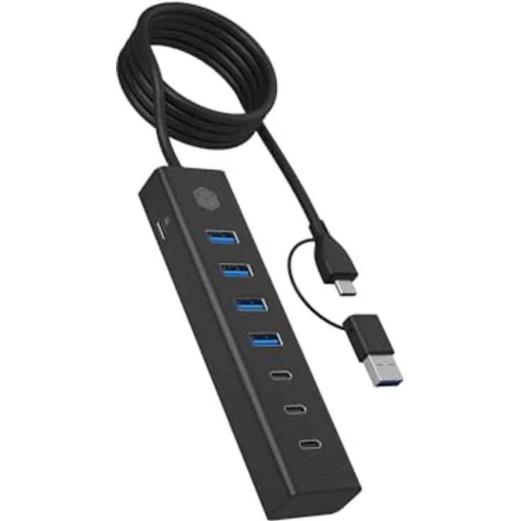 ICY BOX IB-HUB1737-C3, 7-Port USB-Hub mit 4x USB 3.2 Gen 1 Type-A und 3x USB-C, Aluminiumgehäuse in Schwarz, bis zu 5 Gbps Datenübertragung