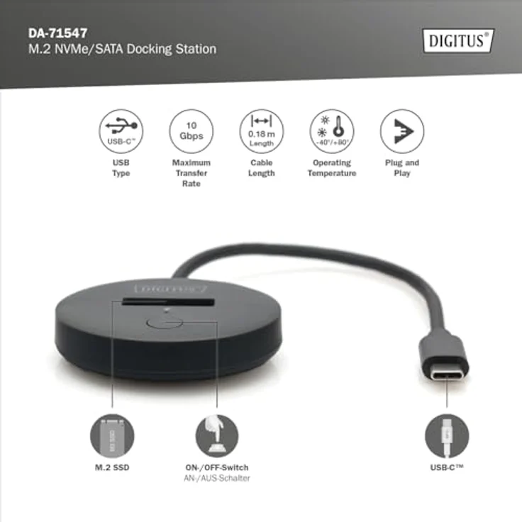 DIGITUS M.2 NVMe/SATA USB-C Docking Station - USB 3.2 Gen2-10 Gbit/s - M.2 Formate 2242, 2260, 2280 & 22110 - max. Kapazität 4TB - für PC, Notebook, Spielekonsolen - Hotswap - Plug & Play - Schwarz – Bild 2