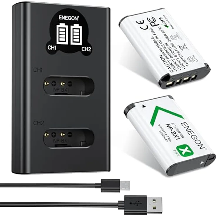 ENEGON Akku NP-BX1 (1300mAh 2-Pack) mit LCD-Dual-Ladegerät für Sony NP-BX1, ZV-1, Cyber-Shot DSC-RX100 Serie und HDR-CX405, hohe Kapazität, intelligente LED-Anzeige