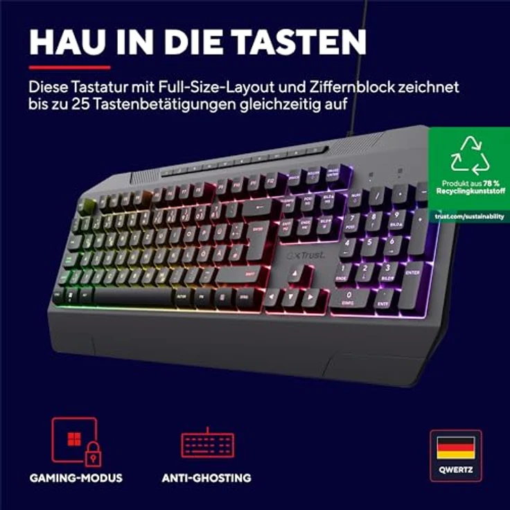 Trust Gaming GXT 836 Evocx Gaming Tastatur mit Deutsches QWERTZ Layout, 78% Recyclingkunststoff, RGB-Beleuchtung, Anti-Ghosting, Medientasten, Gaming Keyboard USB für PC/Laptop - Schwarz – Bild 2