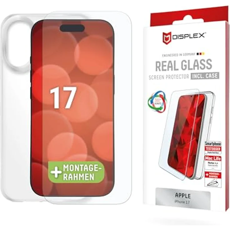 Displex Real Glass + Case für iPhone 17, Kratzer-resistent mit Montagerahmen, transparente Schutzhülle – Bild 1