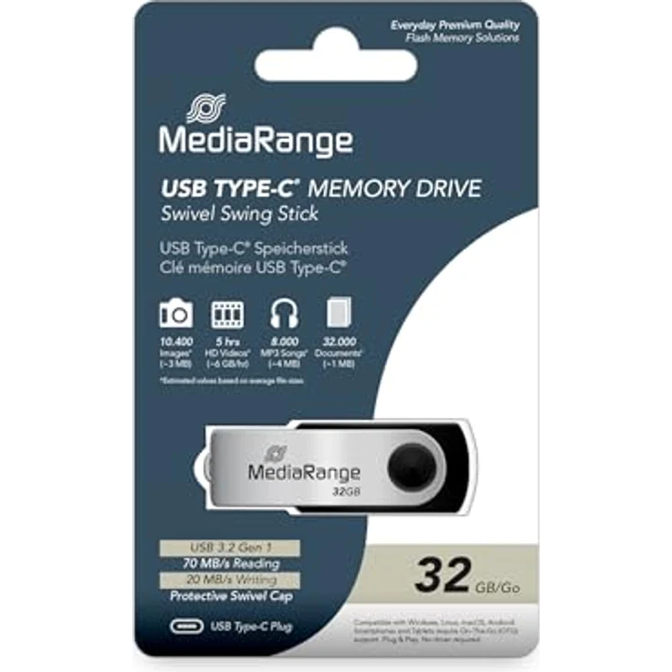 MediaRange USB Type-C® 3.2 Gen 1 Flash-Laufwerk, Drehkappengehäuse, 32GB, Silber/Schwarz – Bild 2