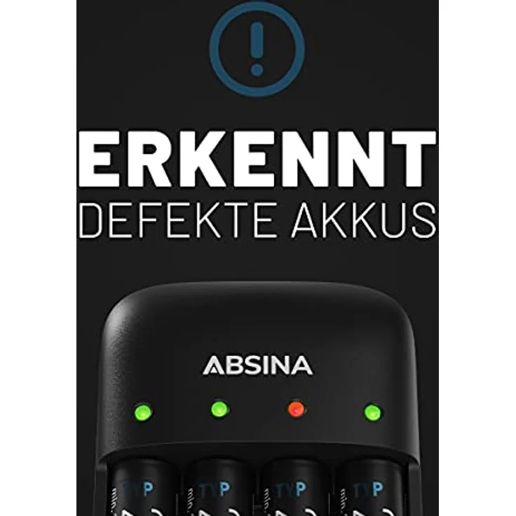ABSINA Akku Ladegerät X4 für AA, AAA & 9V - Akkuladegerät 4-Fach zum Laden von wiederaufladbaren Akkus - NiMH Ladegerät Akku für Micro AAA, Mignon AA & 9V Block Akkus - Batterieladegerät – Bild 4