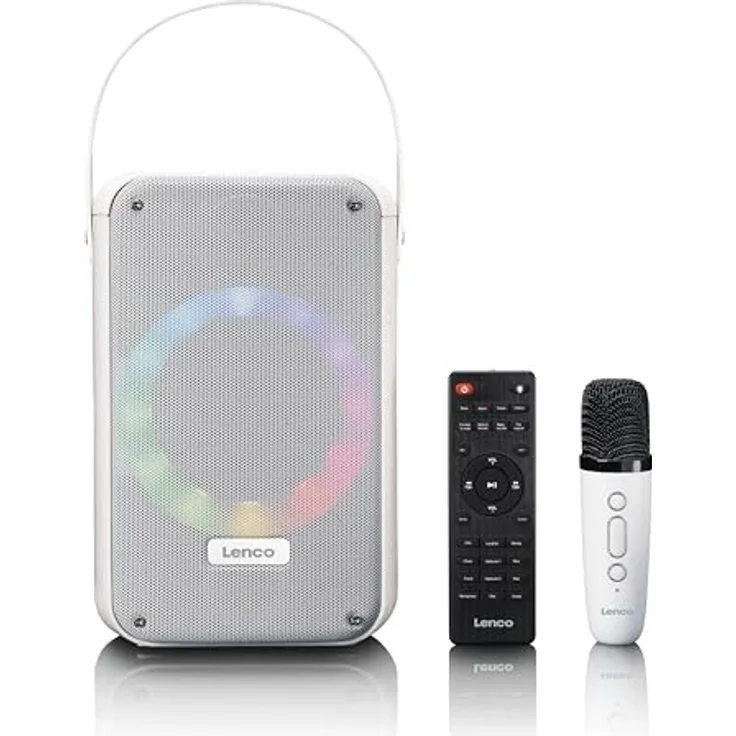 Lenco BTC-060WH, Bluetooth Lautsprecher mit 12h Akkubetrieb, drahtlosem Mikrofon und LED-Beleuchtung, Weiss