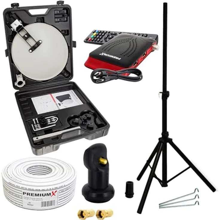 PremiumX Camping Satelliten Anlage SAT Antenne Stativ HD TV Receiver Single LNB 10m Kabel F-Stecker im Koffer Camp Zubehör, wettergeschütztes LNB mit niedrigem Rauschmaß – Bild 1