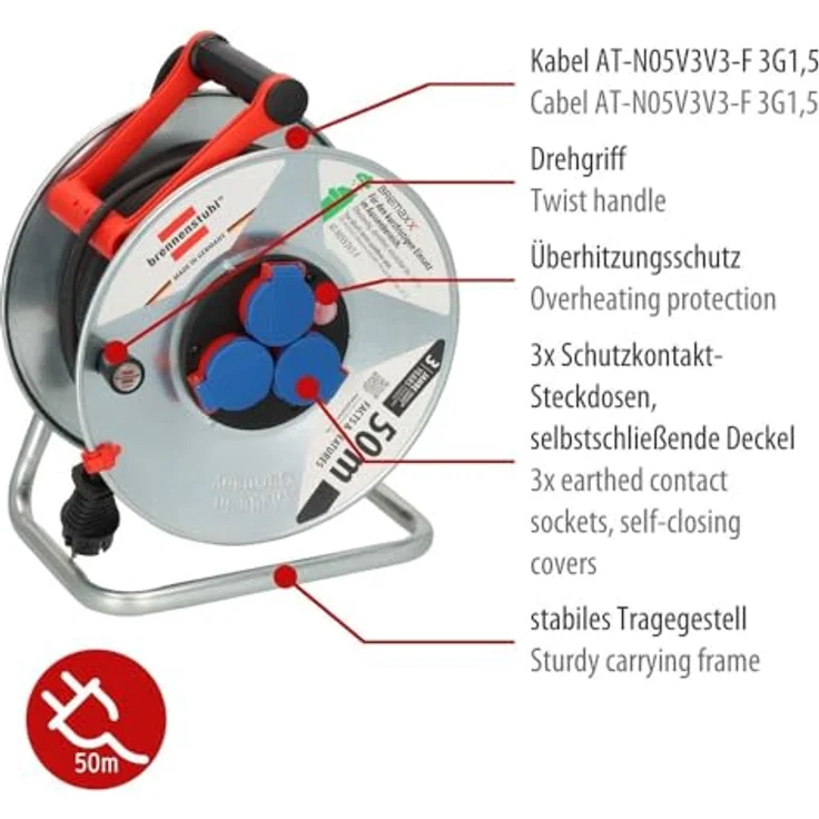 Brennenstuhl Garant S IP44 Kabeltrommel (50m Kabel in schwarz, Stahlblech, kurzfristiger Einsatz im Außenbereich, Made in Germany) – Bild 2