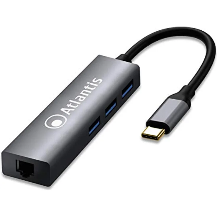 ATLANTIS Adapter A04-tc_LAN+hb von USB-Typ C zu LAN + USB-3.0 mit 3 Ports.
