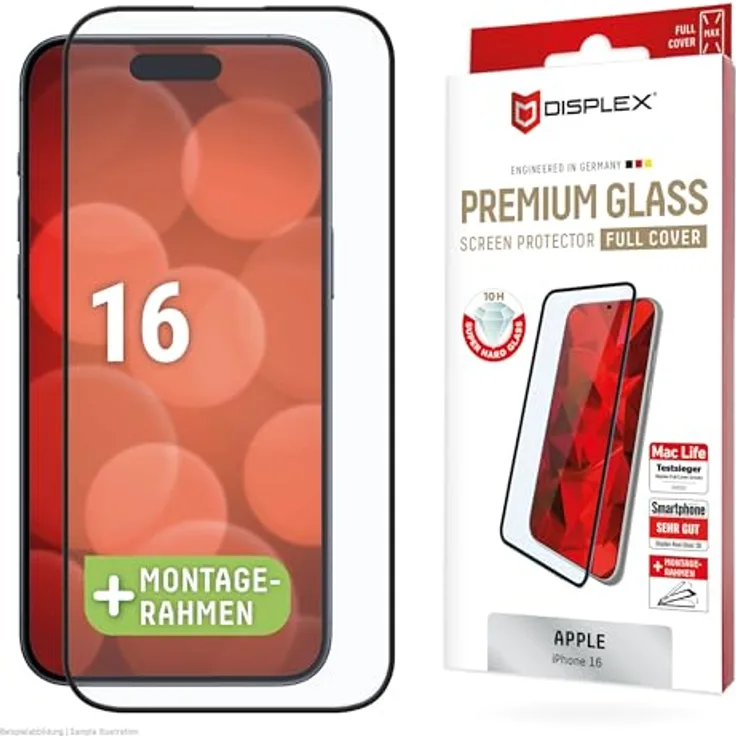 Displex Premium Panzerglas (Full Cover, 10H) für Apple iPhone 16, Eco-Montagerahmen, hüllenfreundlich - Preisvergleich