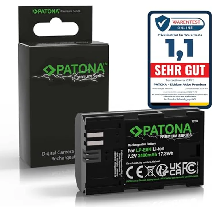 PATONA Premium Akku LP-E6N, 2400mAh Ersatzakku für Canon EOS R5 R6 5D Mark II III IV, 60D 70D 80D 90D, 100% kompatibel, hohe Leistung und Sicherheit