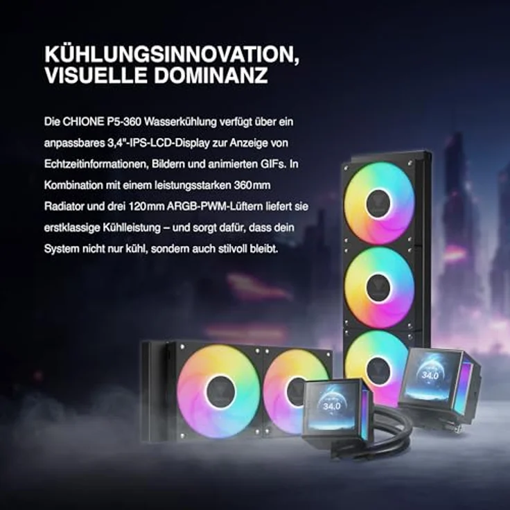 GAMDIAS CHIONE P5, 360-mm-AIO-CPU-Wasserkühler mit drehbarem magnetischem 3,4-Zoll-IPS-LCD-Display, ARGB-PWM-Lüftern und universeller Kompatibilität für Intel LGA 1851 und AMD AM5, Schwarz – Bild 2