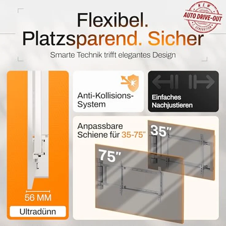 EasyLife Elektrische, Schwenkbare TV-Wandhalterung, Auto-Drive-Out, Ultraschlank 56mm, leiser Motor, Anti-Kollisionssystem, für 32–75 Zoll, VESA bis 600×400, 50 kg – Bild 4