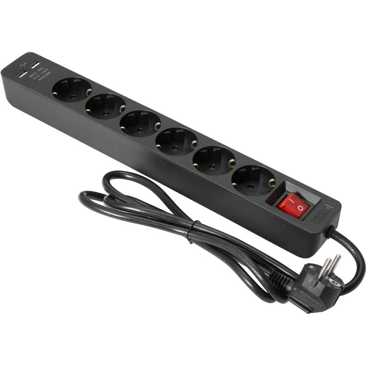 Eurolite Steckdosenleiste ON-1 6-fach + 2 USB sw (6 x), Steckerleiste in Schwarz