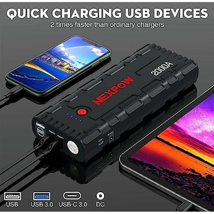 NEXPOW Starthilfe Powerbank, 2000A Spitzenstrom Auto Starthilfe, 12V Tragbarer Batterie Booster mit USB-Schnellladung 3.0 (bis zu 7,0L Benzin oder 6,5L Diesel) Safe Batteriestarter LED-Licht – Bild 3