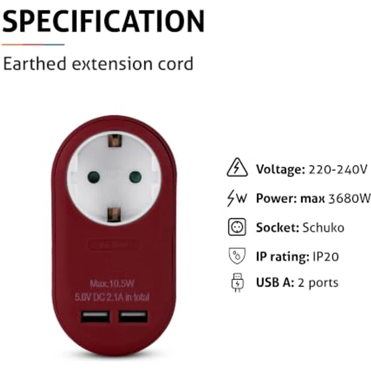 Entac Power Adapter, 1 Grounded Socket und 2 USB-Anschlüsse (2.1A), burgundy, kompaktes Design – Bild 3