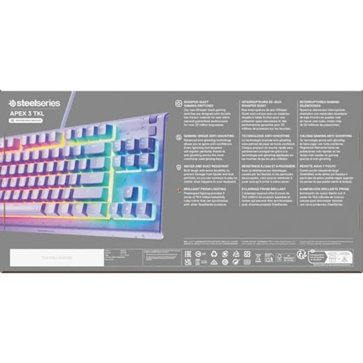 SteelSeries Apex 3 TKL Gaming-Tastatur, kabelgebunden, US QWERTY, RGB mit 8 Zonen, IP32 Wasser- und Staubschutz, Lavendel – Bild 12