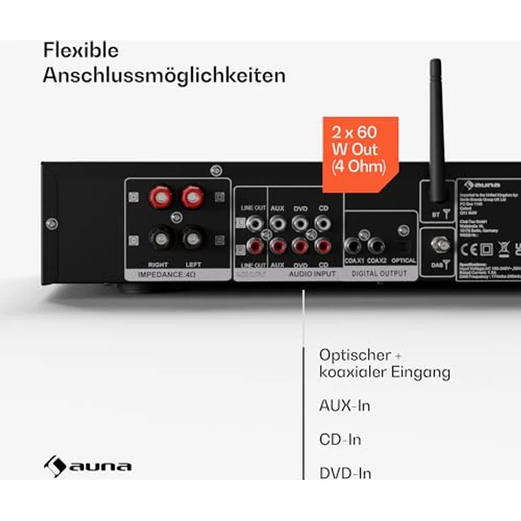 Auna Art22 Verstärker HiFi Stereo, 2x60 W, Bluetooth, DAB+ Radio, FM-Tuner, CD/DVD-Wiedergabe, optische & koaxiale Eingänge, Fernbedienung, kompaktes Design, Weiß-Silber – Bild 6