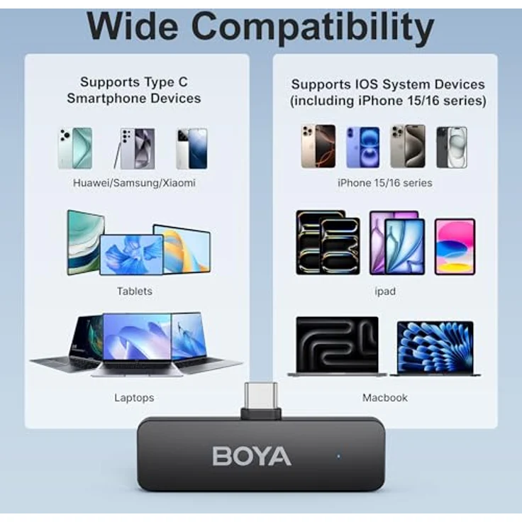 Boya BY-V4U Kabelloses Lavalier-Mikrofon, 360° drehbarer Clip, Geräuschunterdrückung, 18 Stunden Akkulaufzeit, für iPhone 15 und Android Typ C – Bild 5