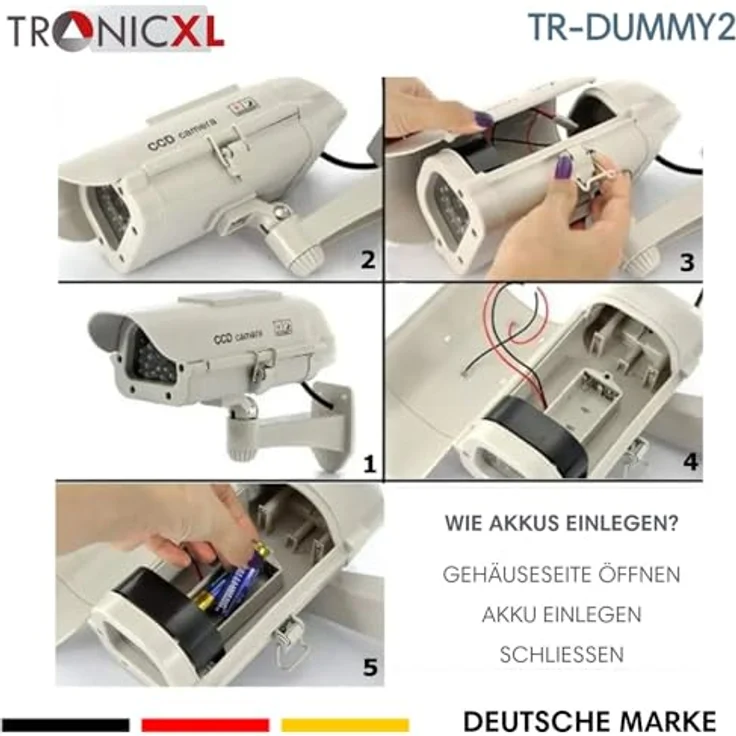 TronicXL 2 Stück Profi Solar Dummy Kamera Überwachungskamera Attrappe für Innen und Außen mit Blinkender IR LED, Hellgrau-Beiger Ton – Bild 2