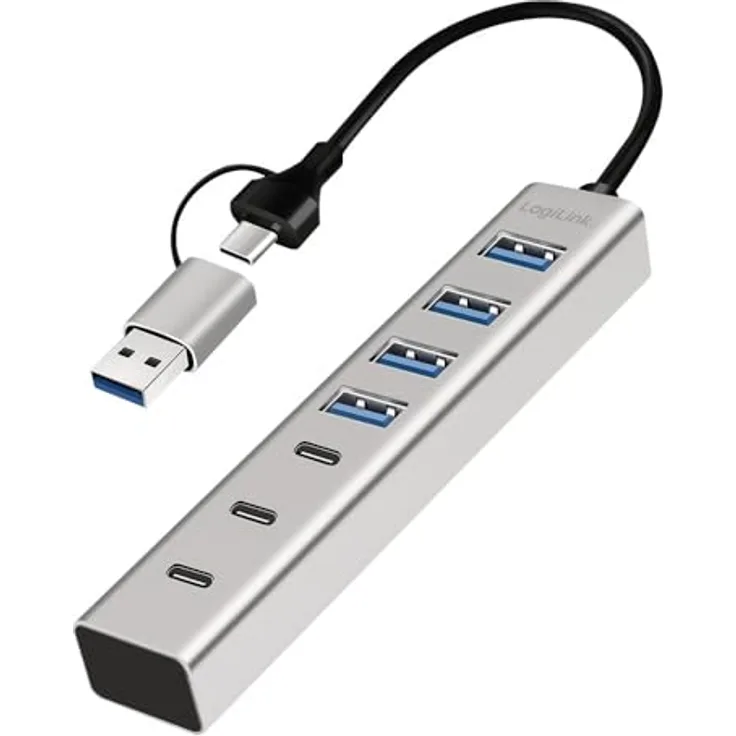 Logilink 076271 USB 3.2 Hub, 4 Ports USB-A und 3 Ports USB-C, Aluminium, Silber
