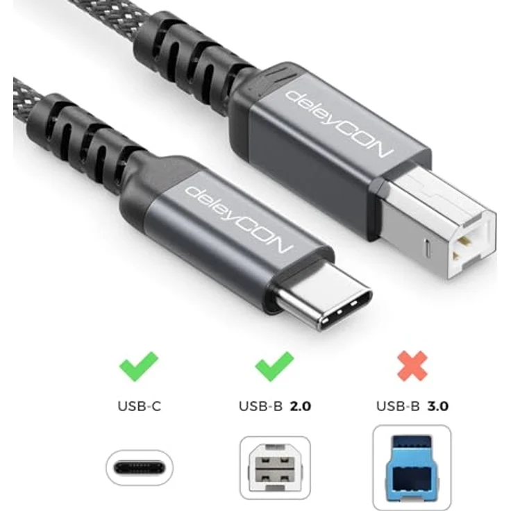 deleyCON 3,0m USB-C auf USB-B Druckerkabel, geflochten mit Metallsteckern, bis zu 480 Mbit/s, kompatibel mit HP, Samsung, Epson, Dell, Lexmark, Brother, Canon – Bild 2