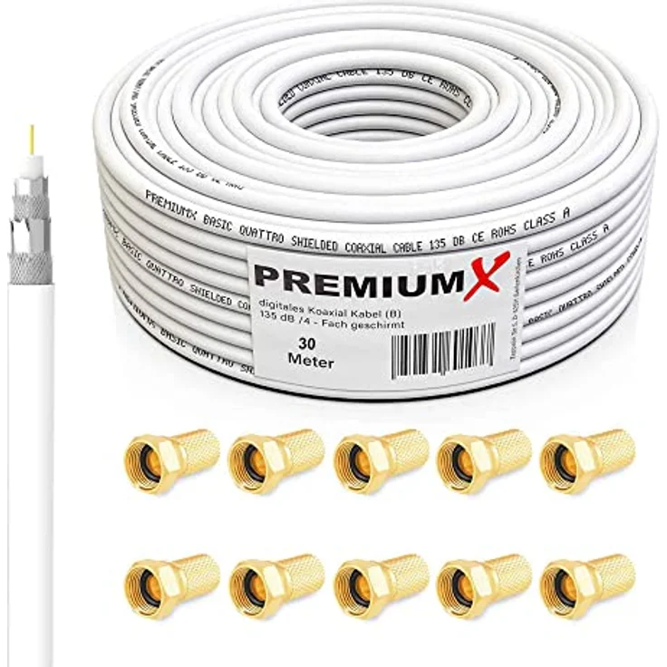 Premium X 30m Koaxialkabel, 135dB 4-fach abgeschirmt, 4K UHD, DVB-S/S2, DVB-C, DVB-T, 10x F-Stecker – Bild 1