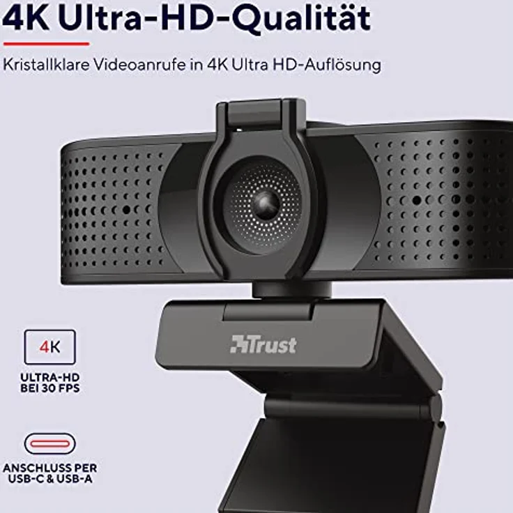 Trust Teza 4K Ultra HD Webcam, 3840x2160 mit 2 Mikrofonen und Autofokus, 30 FPS, USB Plug & Play, Web Kamera für Teams, Zoom, Skype, PC, Laptop, Mac, Macbook - Schwarz – Bild 3