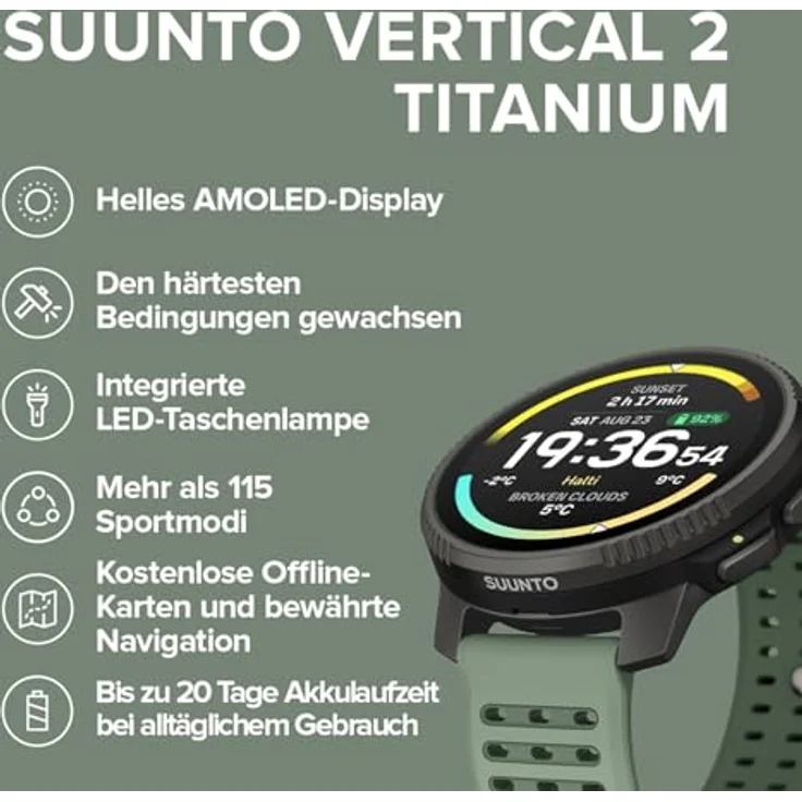Suunto Vertical 2 Titanium Sage, Silikon Uhrenarmband, Grün – Bild 2