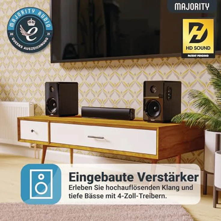 MAJORITY D40 Bluetooth Lautsprecher Boxen | 60W 2.0 Aktivlautsprecher | Studio Monitor mit 4"-Treiber | Regallautsprecher für HiFi Stereo in Holzoptik | Optischer, RCA-, USB- und AUX-Eingang | Fernbedienung – Bild 4