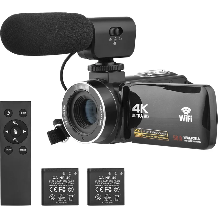 Lixada 4K-Digitalvideokamera, WLAN-Camcorder mit 56 MP, 18-fachem Digitalzoom, 3,0-Zoll-IPS-Touchscreen, Gesichtserkennung, IR-Nachtsicht, Anti-Shake, inkl. 2 Batterien, Fernbedienung, Tragetasche und externem Mikrofon