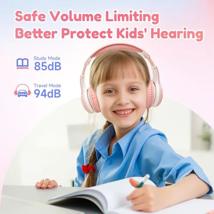 EarFun Bluetooth Kopfhörer Kinder, 85/94dB Lautstärkeregelung, HiFi Sound, HD-Mikrofon, 40 Std Akku, faltbar und verstellbar, kabellos, rosa – Bild 3