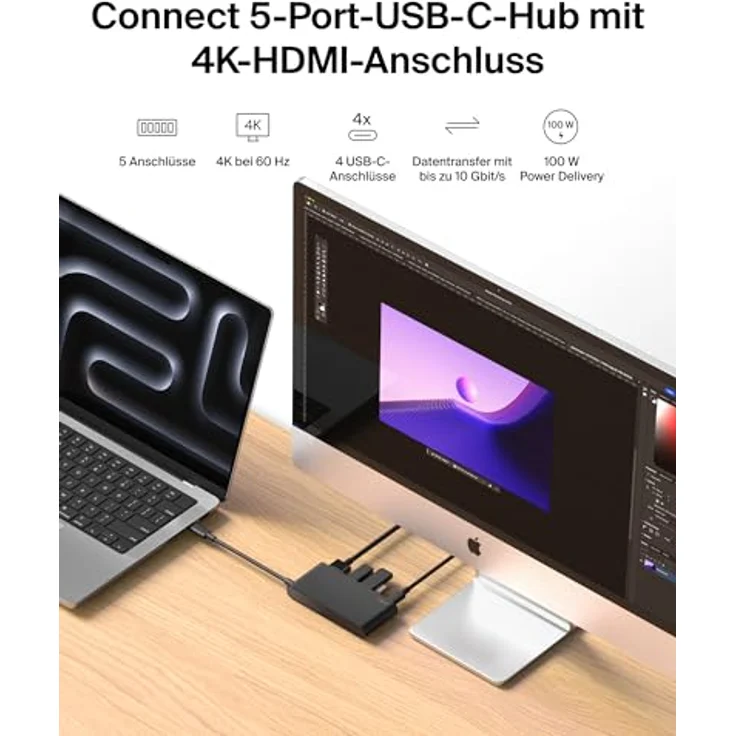 Belkin USB Hub, 5 in 1 USB C Adapter mit HDMI 4K 60Hz, 100W Power Delivery, 10 Gbit/s Datentransfer, kompakt für MacBook und iPad Pro – Bild 2