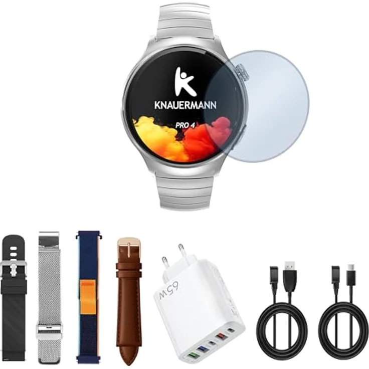 Knauermann PRO 4 EKG-Gesundheitsuhr, Smartwatch in Silber mit Telefonfunktion, Puls-, Blutdruck- und Blutsauerstoffmessung, Schlafanalyse, Premium-Set mit 5 Armbändern – Bild 1