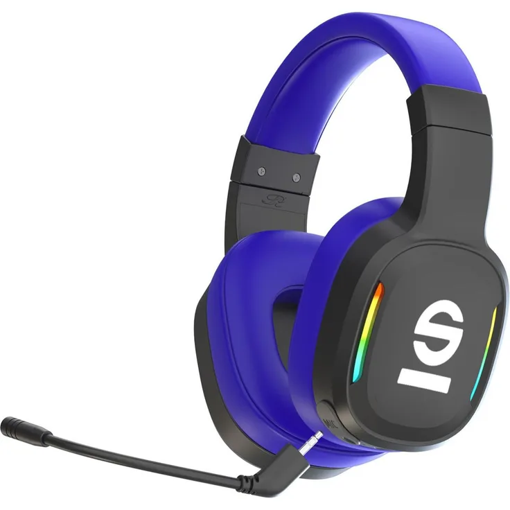 Sparco Wireless Headphone Pro Spwheadphonepro, Kabelloses Gaming Headset mit RGB-LEDs und abnehmbarem Mikrofon, Blau, Schwarz