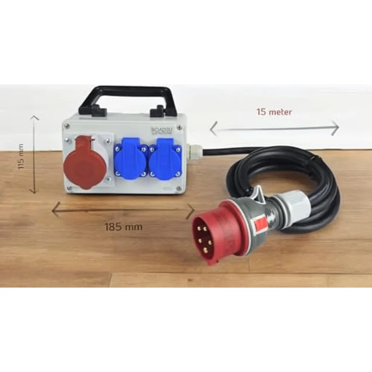 RoadEu CEE Steckdose 16A und 2x Schuko Verteiler - Stromverteiler 16A, Mobilverteiler, 15m Kabel, Baustromverteiler IP44 – Bild 2